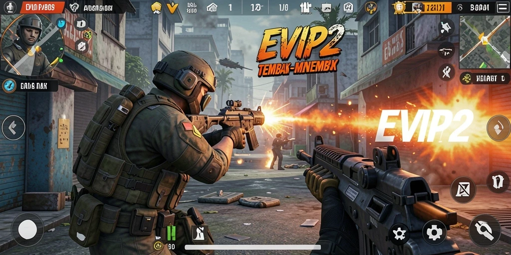 Tangkapan layar gameplay EVIP2 menampilkan aksi tembak-menembak yang seru.