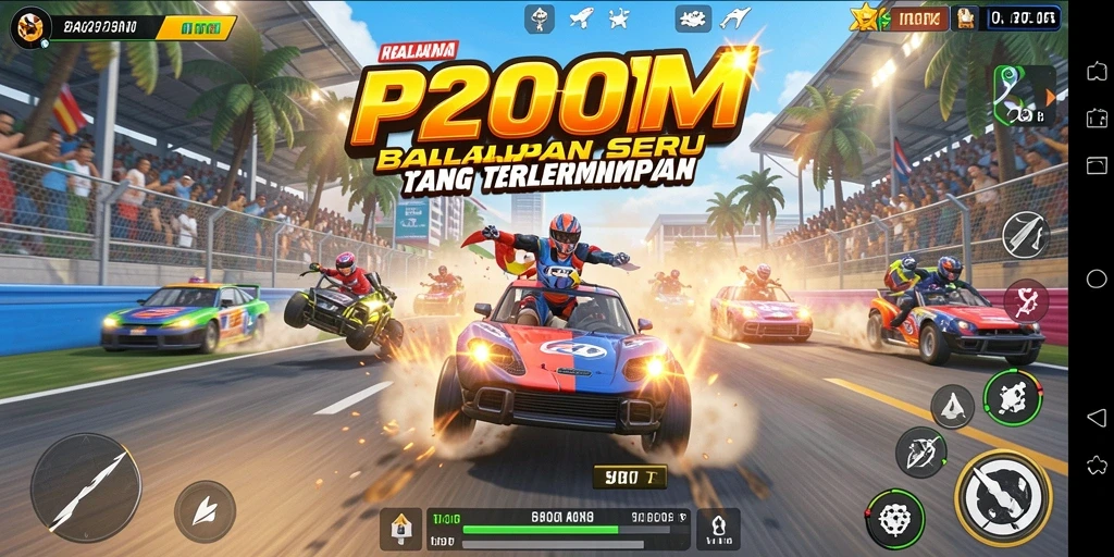 Tampilan mendebarkan dengan mobil balap melaju kencang di lintasan.