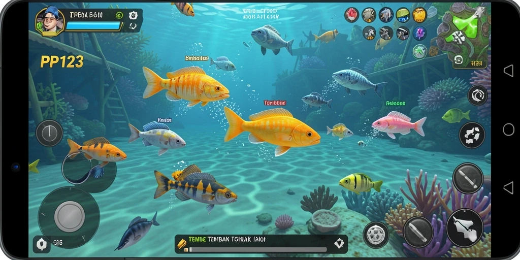 Screenshot gameplay PP123 menunjukkan aksi seru Tembak Ikan.