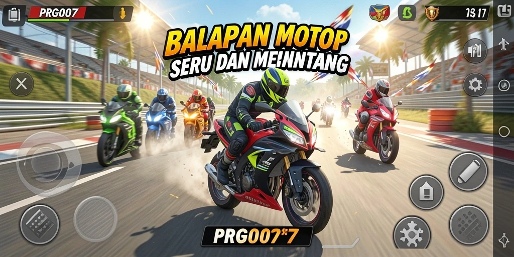 Screenshot PRG007 menunjukkan aksi balapan motor yang mendebarkan.