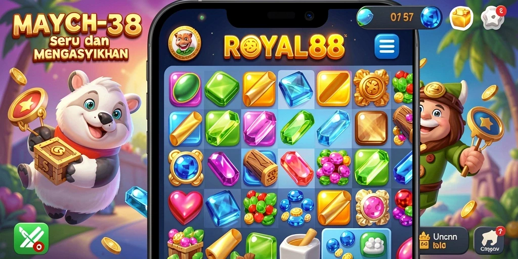 Tampilan gameplay <strong>ROYAL88</strong> dengan elemen Match-3 yang menakjubkan.